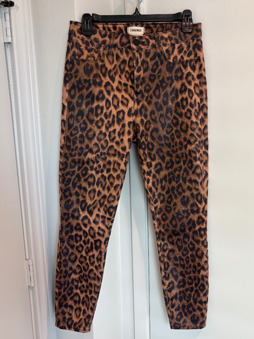 L'AGENCE Margot Coated Cheetah Print Ankle Skinny Jeans Size 28